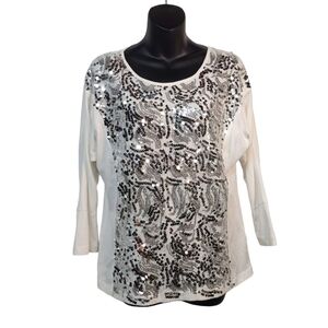 Rod'S Women's White Sequinced 3/4 Sleeves Top T-shirt Size M
